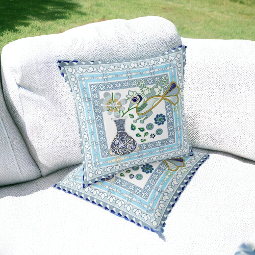 Set of Two 16" X 16" Gray and White Peacock Blown Seam Floral Indoor Outdoor Throw Pillow Polyester Home Accent