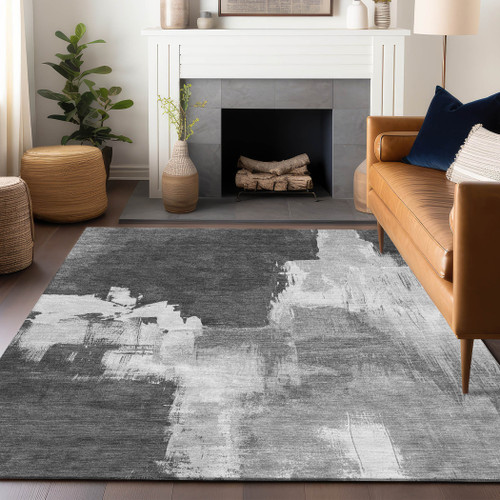 5' X 8' Gray And Smoky Black Abstract Washable Indoor Outdoor Area Rug