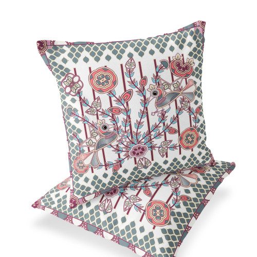 Set of Two 16" X 16" Red and White Peacock Blown Seam Floral Indoor Outdoor Throw Pillow Polyester Decor