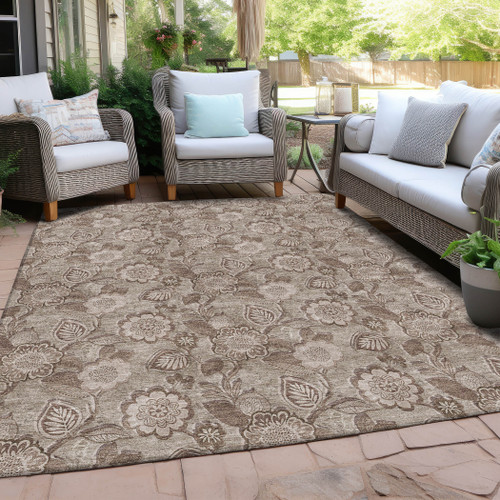 5' X 8' Brown And Taupe Floral Washable Indoor Outdoor Area Rug - Brown, Taupe