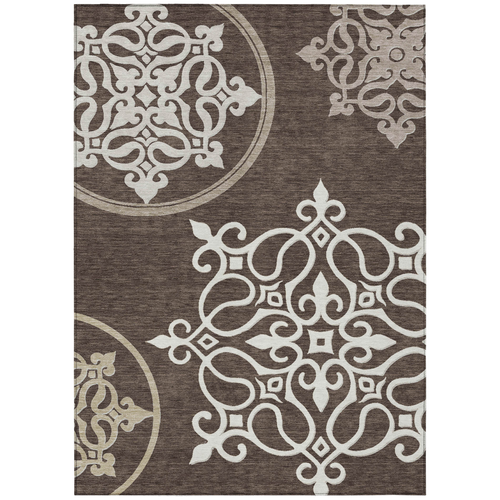 5' X 8' Chocolate Beige And Ivory Floral Medallion Washable Indoor Outdoor Area Rug