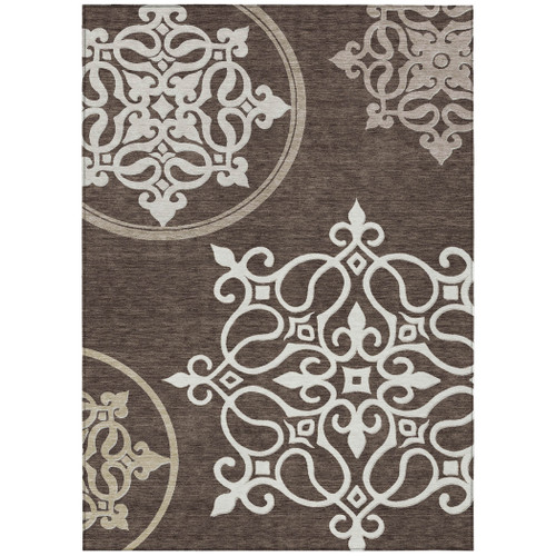 5' X 8' Chocolate Beige And Ivory Floral Medallion Washable Indoor Outdoor Area Rug