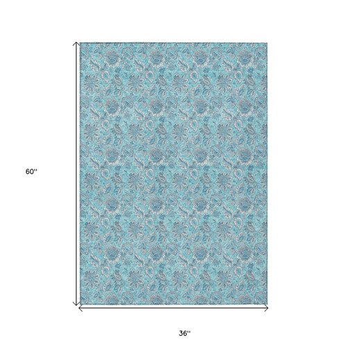 3' X 5' Aqua Blue And Silver Floral Washable Indoor Outdoor Area Rug