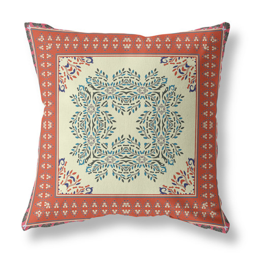 18" X 18" Cream And Orange Blown Seam Floral Indoor Outdoor Throw Pillow