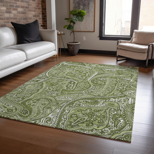 5' X 8' Artichoke Green And Olive Green Paisley Washable Indoor Outdoor Area Rug