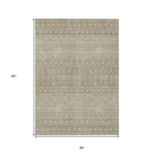 3' X 5' Taupe Green And Ivory Tribal Washable Indoor Outdoor Area Rug
