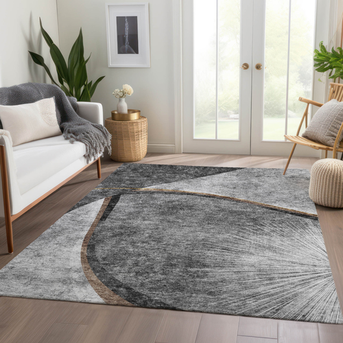 3' X 5' Gray Chocolate And Silver Abstract Washable Indoor Outdoor Area Rug