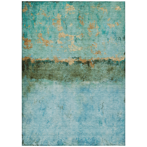 5' X 8' Teal Blue And Gold Abstract Washable Indoor Outdoor Area Rug
