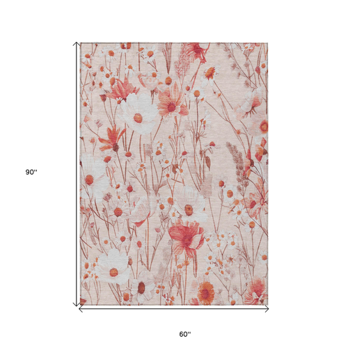 5' X 8' Salmon And Coral Floral Washable Indoor Outdoor Area Rug