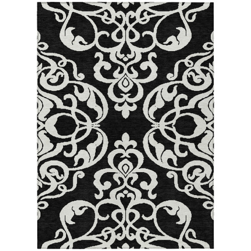 5' X 8' Black And Ivory Damask Washable Indoor Outdoor Area Rug