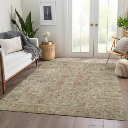 5' X 8' Beige Brown And Green Oriental Washable Indoor Outdoor Area Rug