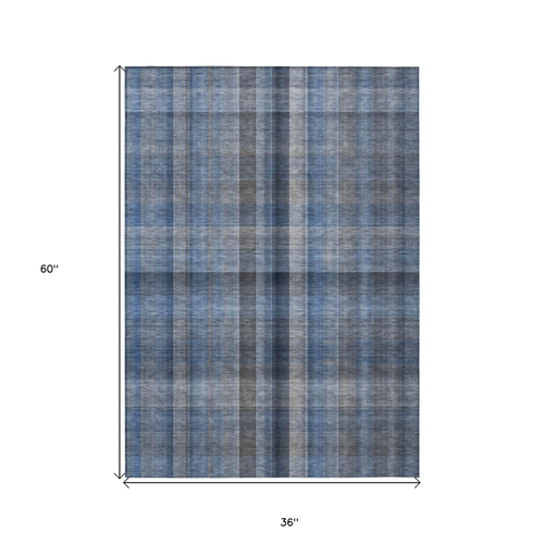 3' X 5' Blue Plaid Washable Non Skid Indoor Outdoor Area Rug