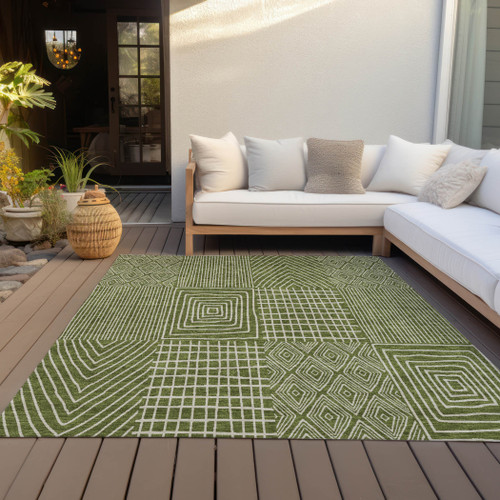 5' X 8' Olive Green And Beige Geometric Washable Indoor Outdoor Area Rug