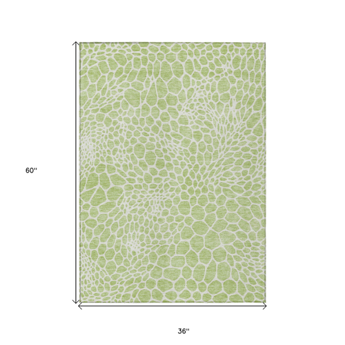 3' X 5' Artichoke Green And Ivory Geometric Washable Indoor Outdoor Area Rug