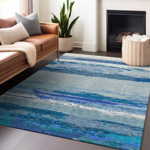 3' X 5' Blue Abstract Washable Indoor Outdoor Area Rug