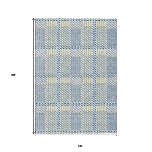 5' X 8' Denim Blue Green And Ivory Plaid Washable Indoor Outdoor Area Rug