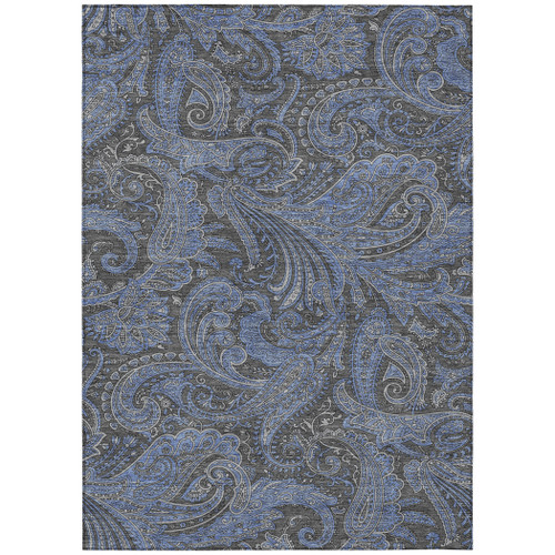3' X 5' Charcoal Gray And Blue Paisley Washable Indoor Outdoor Area Rug