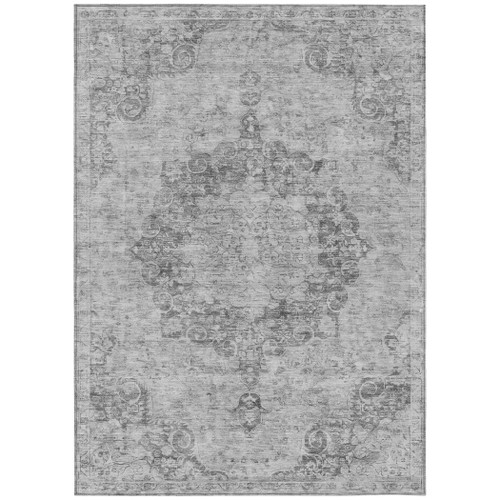 5' X 8' Silver Floral Medallion Washable Indoor Outdoor Area Rug