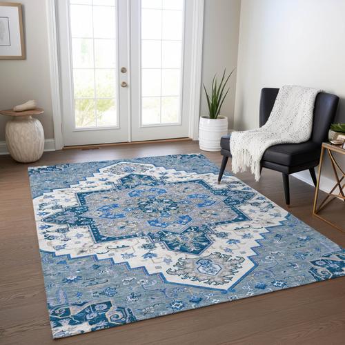 3' X 5' Blue Gray And Ivory Oriental Washable Indoor Outdoor Area Rug