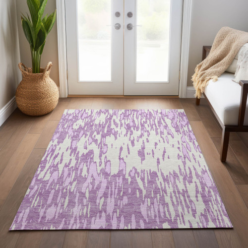 3' X 5' Lavender And Ivory Abstract Washable Indoor Outdoor Area Rug Transitional Style - Lavender, Ivory Color