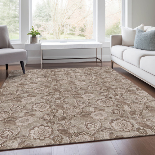 3' X 5' Brown And Taupe Floral Washable Indoor Outdoor Area Rug - Brown, Taupe
