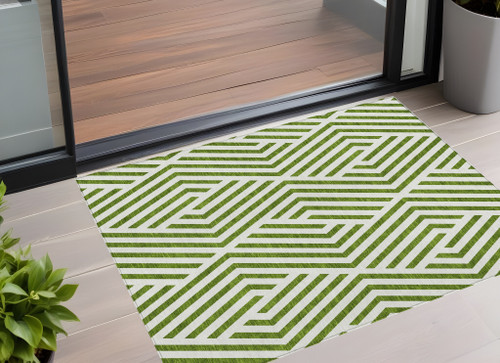 2' X 3' Lime Green and White Geometric Washable Non Skid Indoor Outdoor Area Rug - Lime Green, White