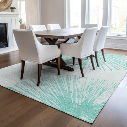 5' X 8' Aquamarine And Ivory Abstract Washable Indoor Outdoor Area Rug