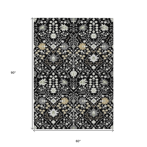 5' X 8' Black Ivory And Gray Oriental Washable Indoor Outdoor Area Rug