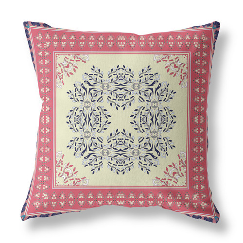 18" X 18" Cream And Pink Blown Seam Floral Indoor Outdoor Throw Pillow