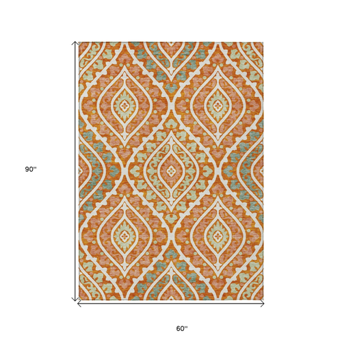 5' X 8' Orange Peach And Ivory Floral Washable Indoor Outdoor Area Rug