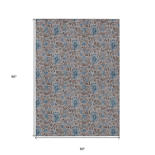 5' X 8' Brown And Blue Floral Washable Indoor Outdoor Area Rug