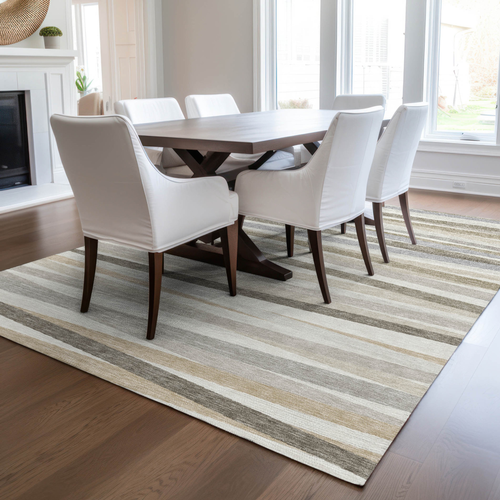 3' X 5' Ivory And Gray Striped Washable Indoor Outdoor Area Rug