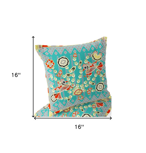 Set of Two 16" X 16" Blue and Yellow Peacock Blown Seam Floral Indoor Outdoor Throw Pillow Polyester Home Accent