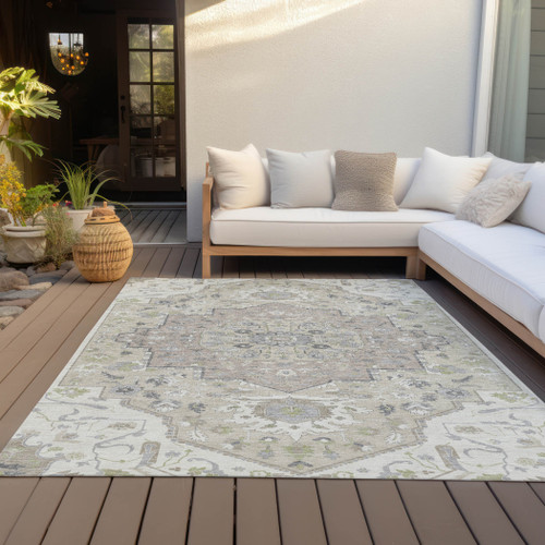 3' X 5' Ivory Beige And Gray Oriental Washable Indoor Outdoor Area Rug