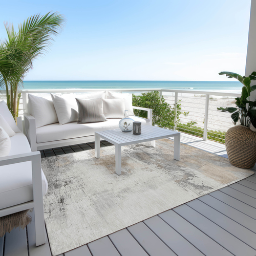 5' X 8' Ivory And Gray Abstract Washable Indoor Outdoor Area Rug