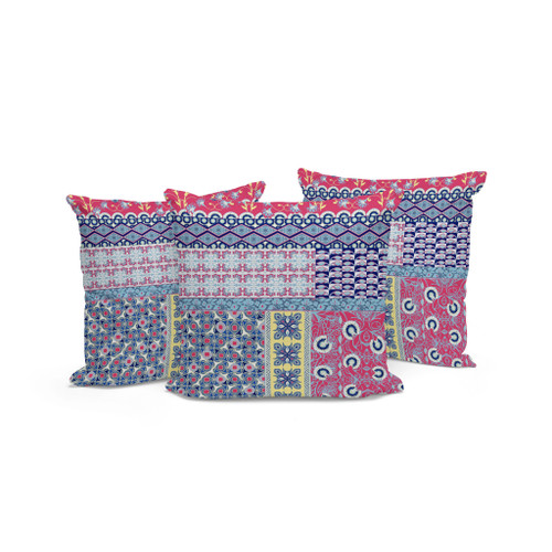 Set of Three 16" X 16" Blue and Pink Botanical Indoor Outdoor Throw Pillow Polyester Home Accent