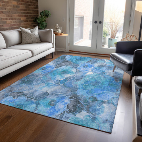 5' X 8' Blue And Gray Floral Washable Indoor Outdoor Area Rug - Blue, Gray