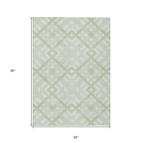 5' X 8' Mint Green And Ivory Geometric Washable Indoor Outdoor Area Rug