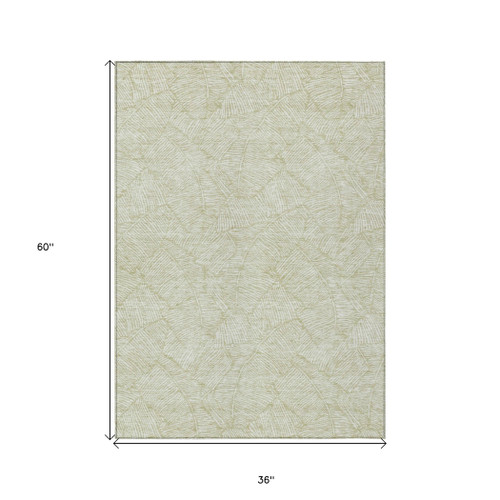 3' X 5' Artichoke Green And Ivory Floral Washable Indoor Outdoor Area Rug