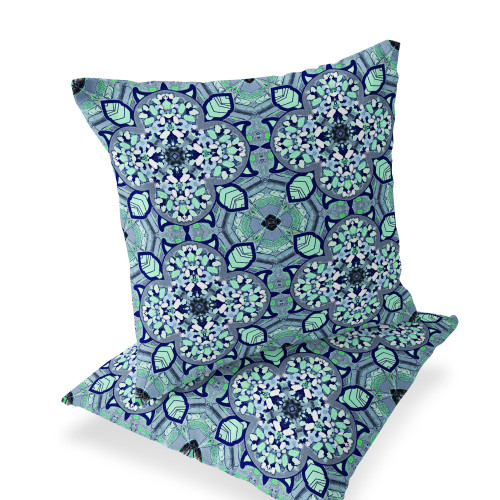 Set of Two 16" X 16" Blue and Green Blown Seam Floral Indoor Outdoor Throw Pillow Polyester Decor