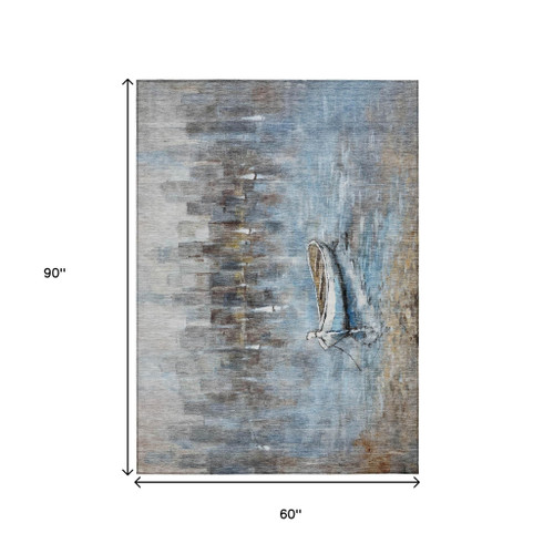5' X 8' Blue And Beige Nautical Washable Indoor Outdoor Area Rug