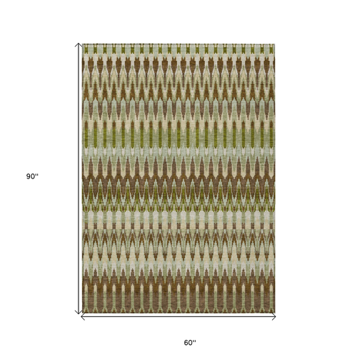 5' X 8' Artichoke Green And Brown Southwestern Washable Indoor Outdoor Area Rug