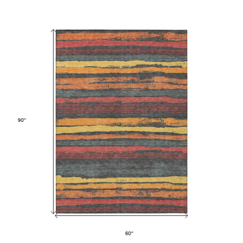5' X 8' Granite Gray Copper And Yellow Striped Washable Indoor Outdoor Area Rug