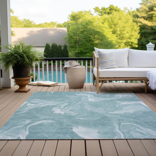 5' X 8' Teal Blue And Aqua Abstract Washable Indoor Outdoor Area Rug