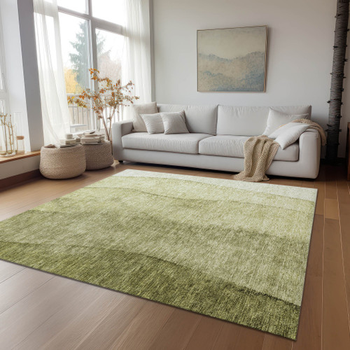 5' X 8' Olive Green And Artichoke Green Ombre Washable Indoor Outdoor Area Rug