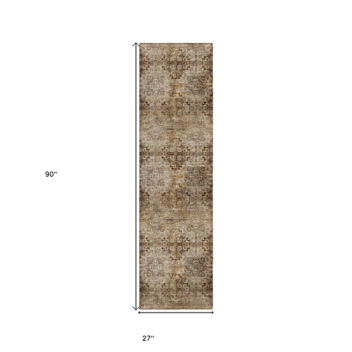 2' X 8' Taupe Floral Medallion Washable Non Skid Indoor Outdoor Runner Rug