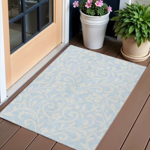 3' X 5' Sky Blue And Ivory Floral Washable Indoor Outdoor Area Rug