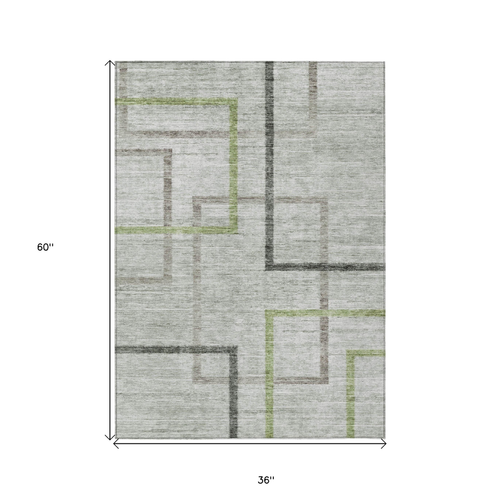 3' X 5' Green And Charcoal Geometric Washable Indoor Outdoor Area Rug