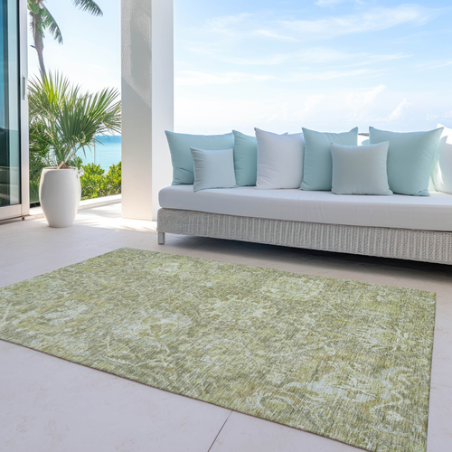 3' X 5' Sage And Green Damask Washable Indoor Outdoor Area Rug