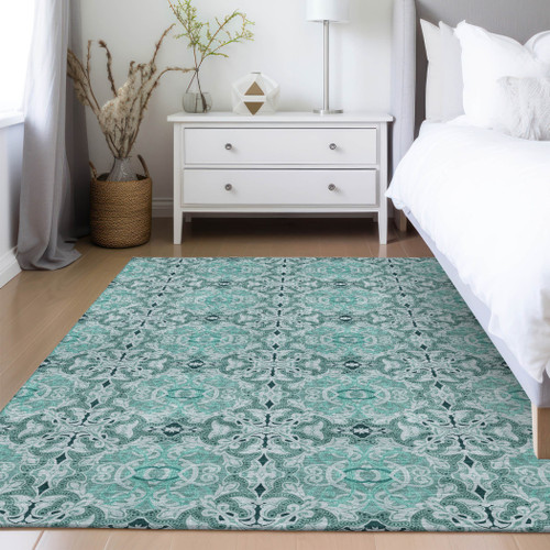 3' X 5' Teal Blue And Aqua Medallion Washable Indoor Outdoor Area Rug